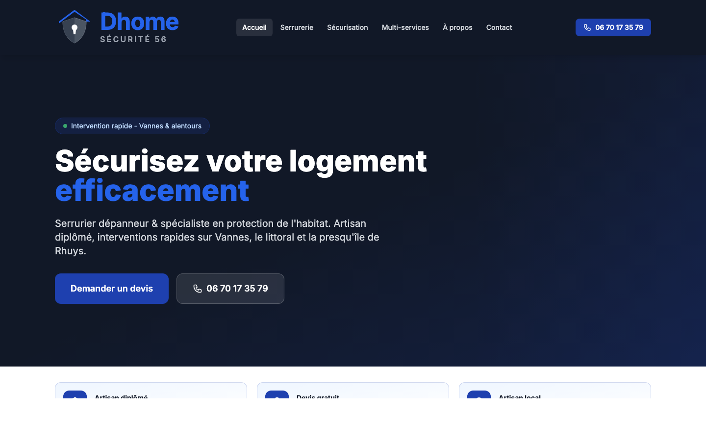 Page d'accueil du site D'Home Sécurité 56 — serrurier à Vannes